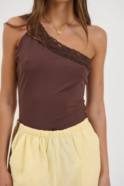 Bek Lace Trim Top Chocolate