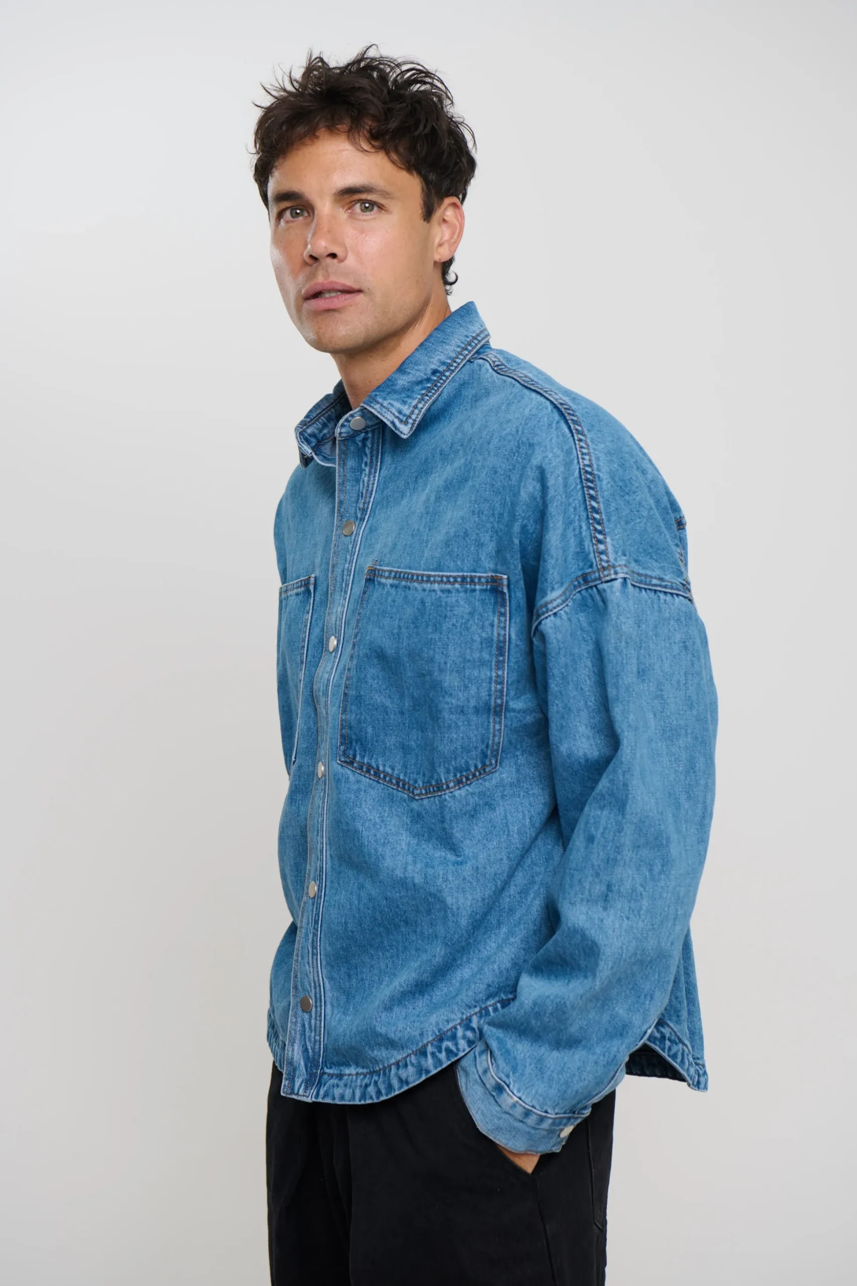 Drop Shoulder Denim Shirt Blue
