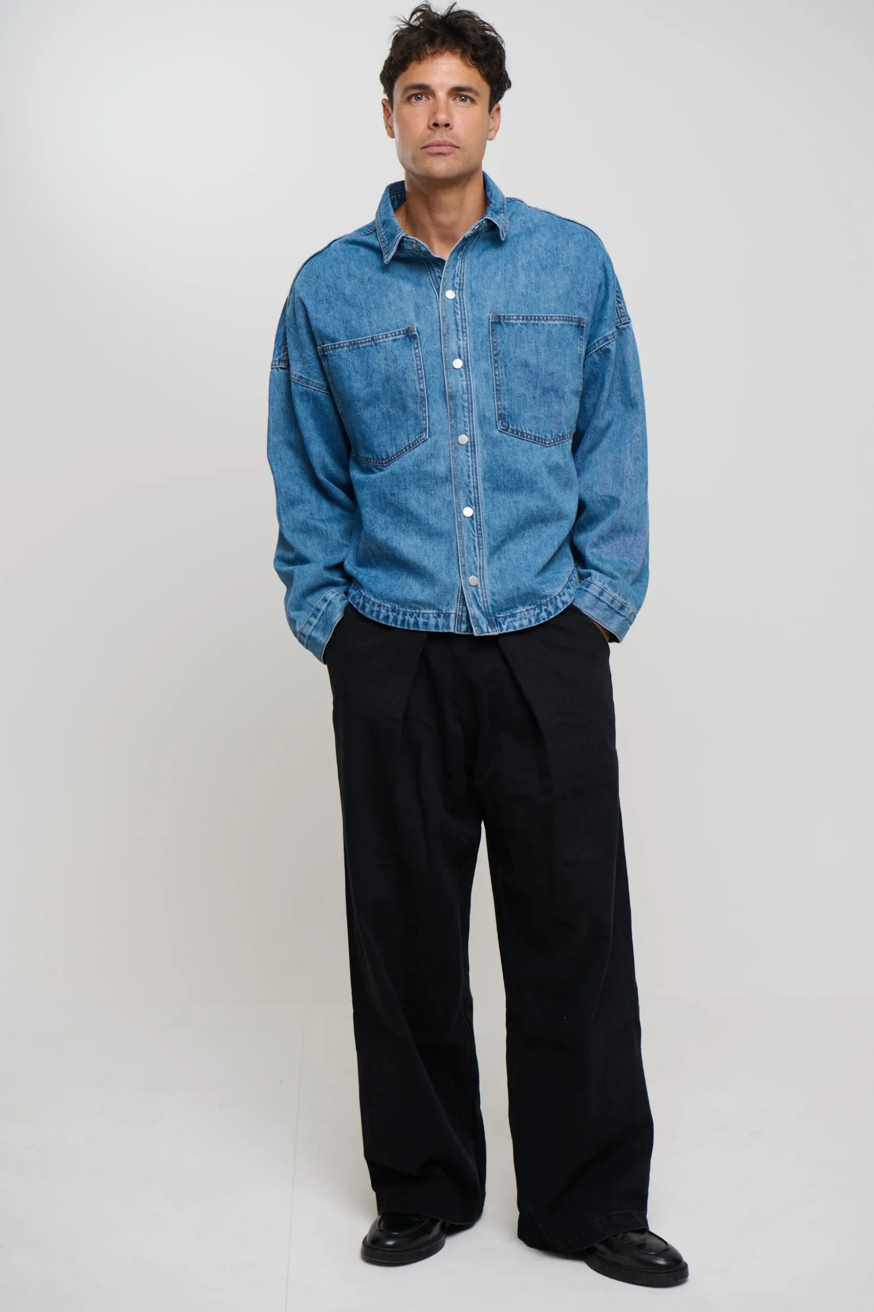 Drop Shoulder Denim Shirt Blue