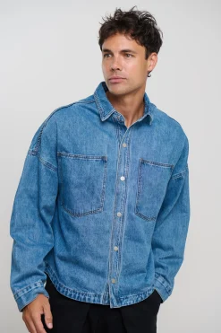 Drop Shoulder Denim Shirt Blue