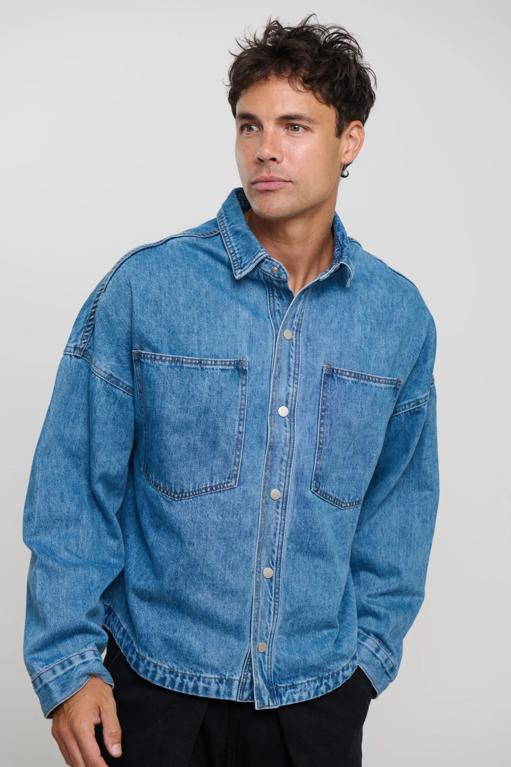 Drop Shoulder Denim Shirt Blue
