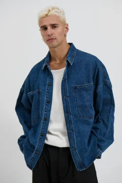 Drop Shoulder Denim Shirt Dark Blue