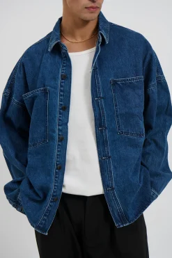 Drop Shoulder Denim Shirt Dark Blue
