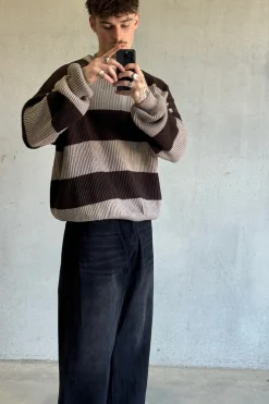 Drop Sleeve Heavy Knit Choc Stripe