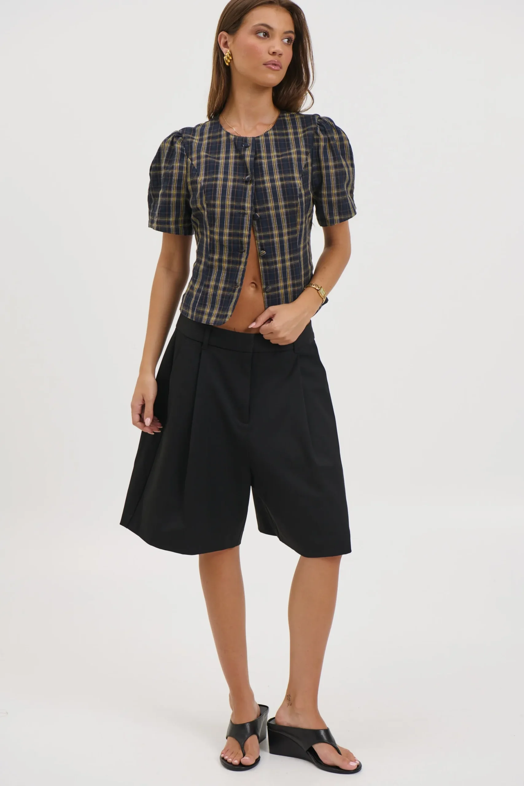 Femme Blouse Navy Lemon Plaid