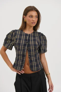 Femme Blouse Navy Lemon Plaid
