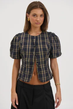 Femme Blouse Navy Lemon Plaid