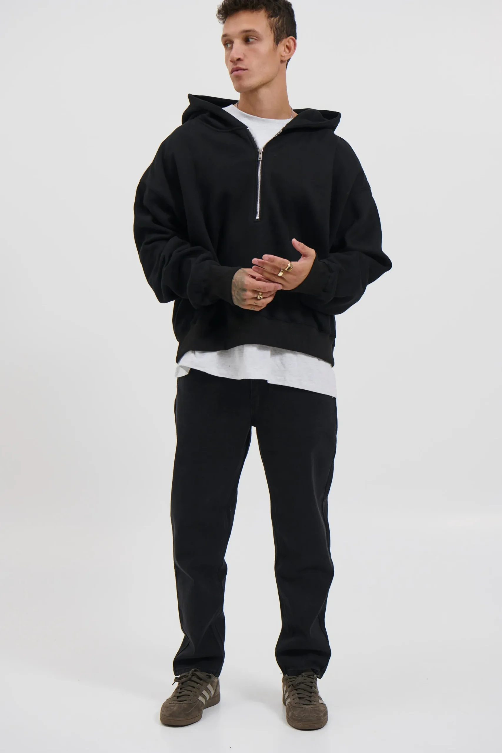Half Zip Heavyweight Hood Black