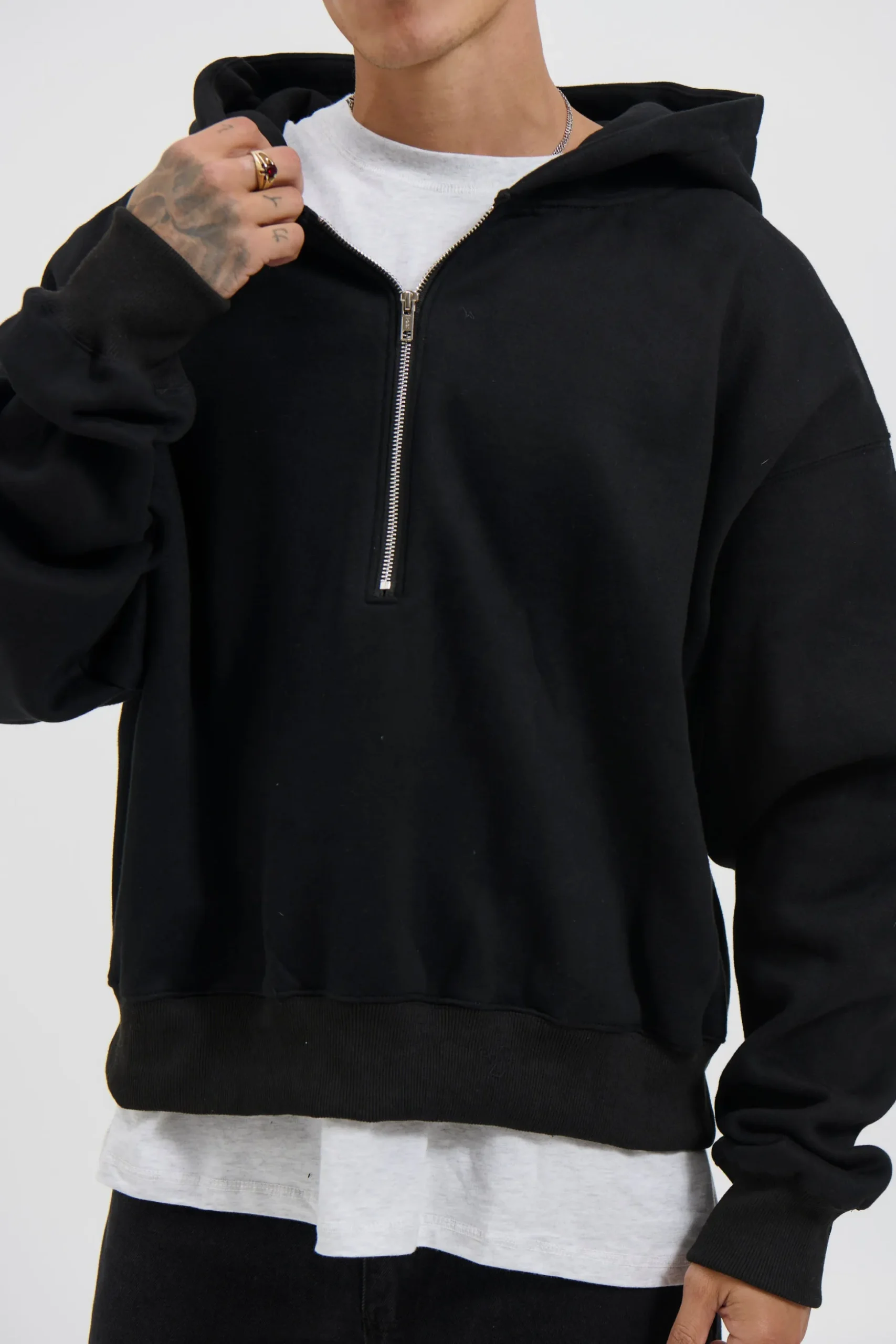 Half Zip Heavyweight Hood Black