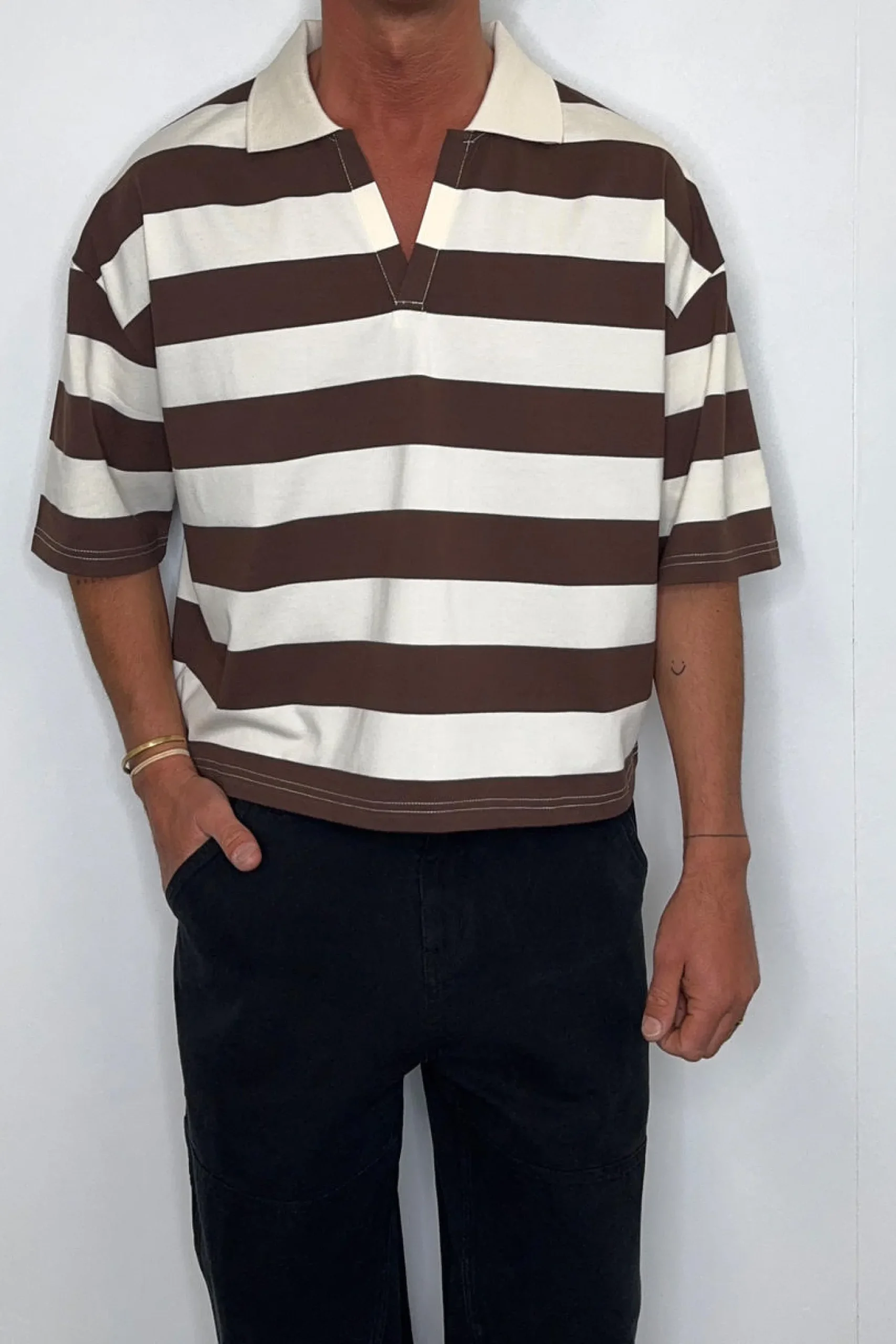 Jersey Crop Polo Stripe Choc