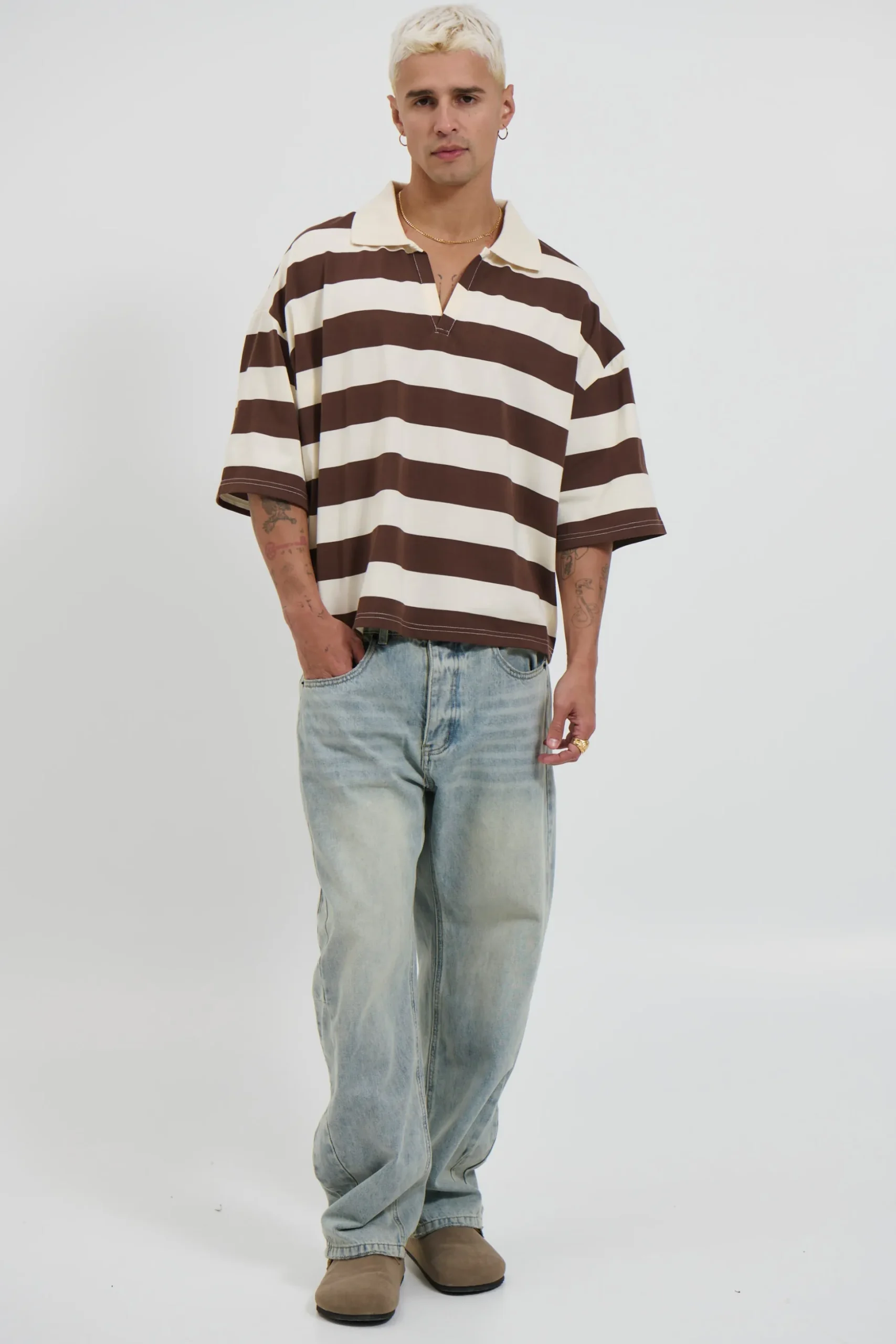 Jersey Crop Polo Stripe Choc