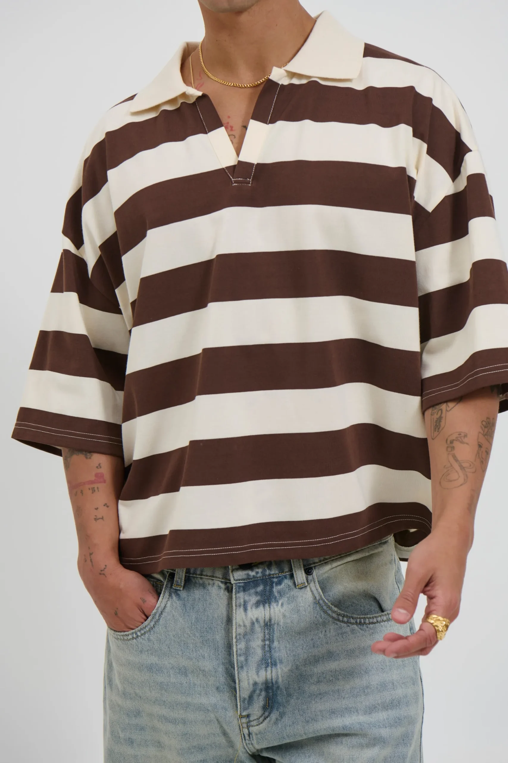 Jersey Crop Polo Stripe Choc
