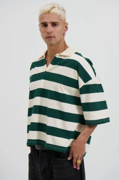 Jersey Crop Polo Stripe Emerald