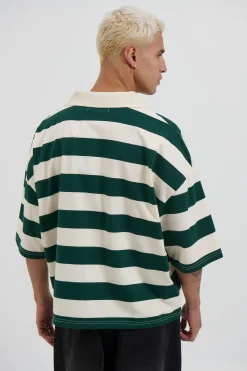 Jersey Crop Polo Stripe Emerald