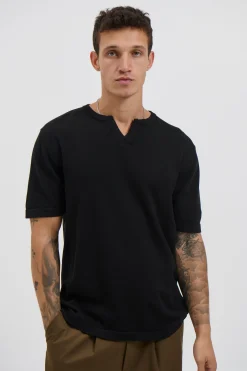 Knitted Split Neck Tee Black