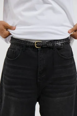Leather Belt Thin Weave Black