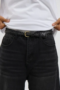 Leather Belt Thin Weave Black