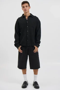 Long Sleeve Waffle Shirt Black