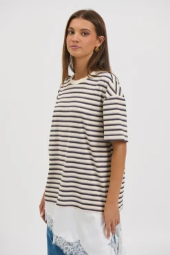 Miranda Lace Tee Cream Stripe