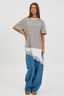 Miranda Lace Tee Cream Stripe