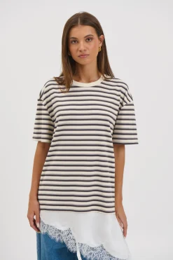 Miranda Lace Tee Cream Stripe