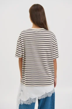 Miranda Lace Tee Cream Stripe