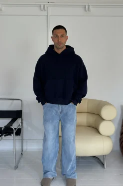 Roman Cropped Drop Hoodie Navy