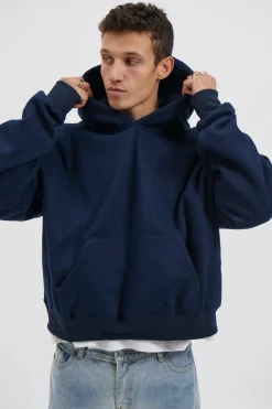 Roman Cropped Drop Hoodie Navy