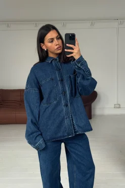 Unisex Drop Shoulder Denim Shirt Dark Blue