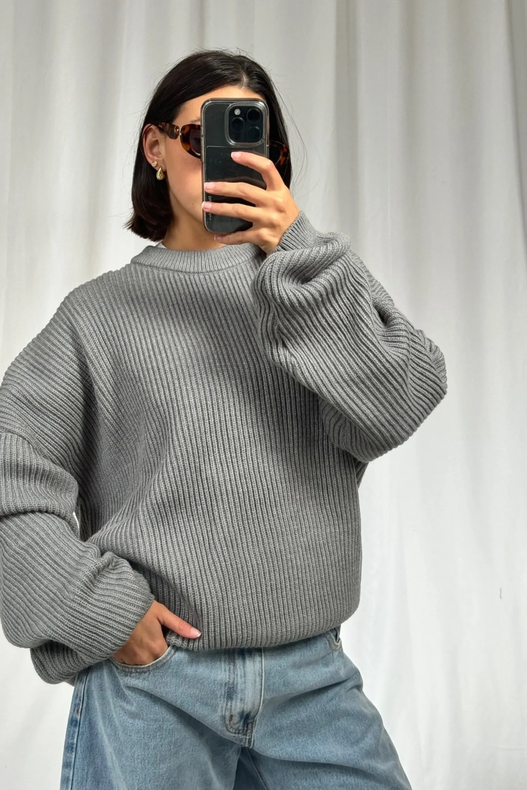 Unisex Drop Sleeve Heavy Knit Light Grey