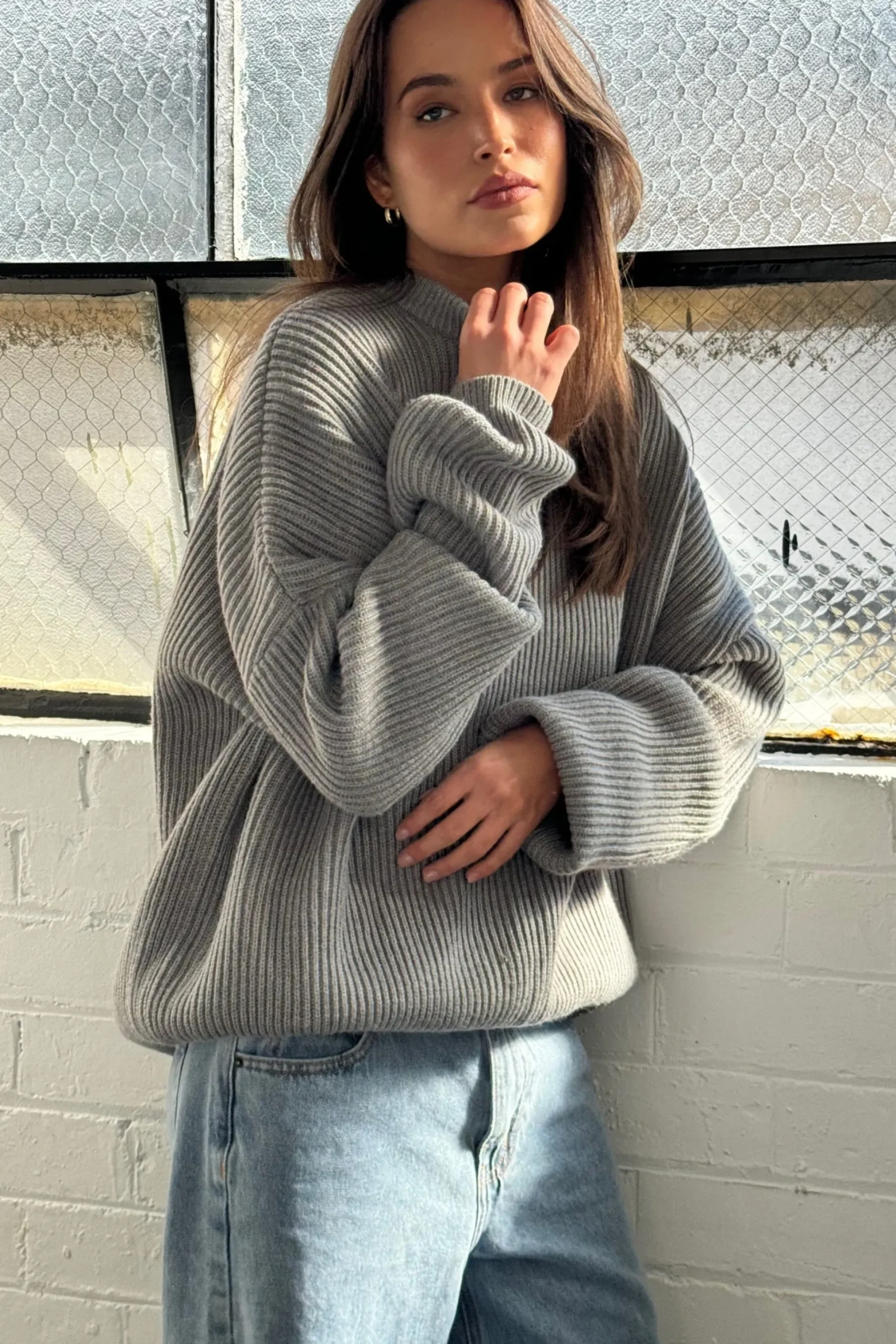 Unisex Drop Sleeve Heavy Knit Light Grey