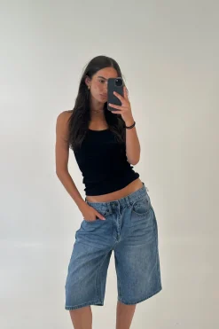 Unisex Flint Baggy Denim Jort Mid Blue