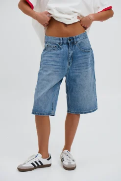 Unisex Flint Baggy Denim Jort Mid Blue