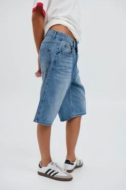 Unisex Flint Baggy Denim Jort Mid Blue