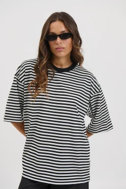 Unisex Lesley Stripe Crew Tee Black