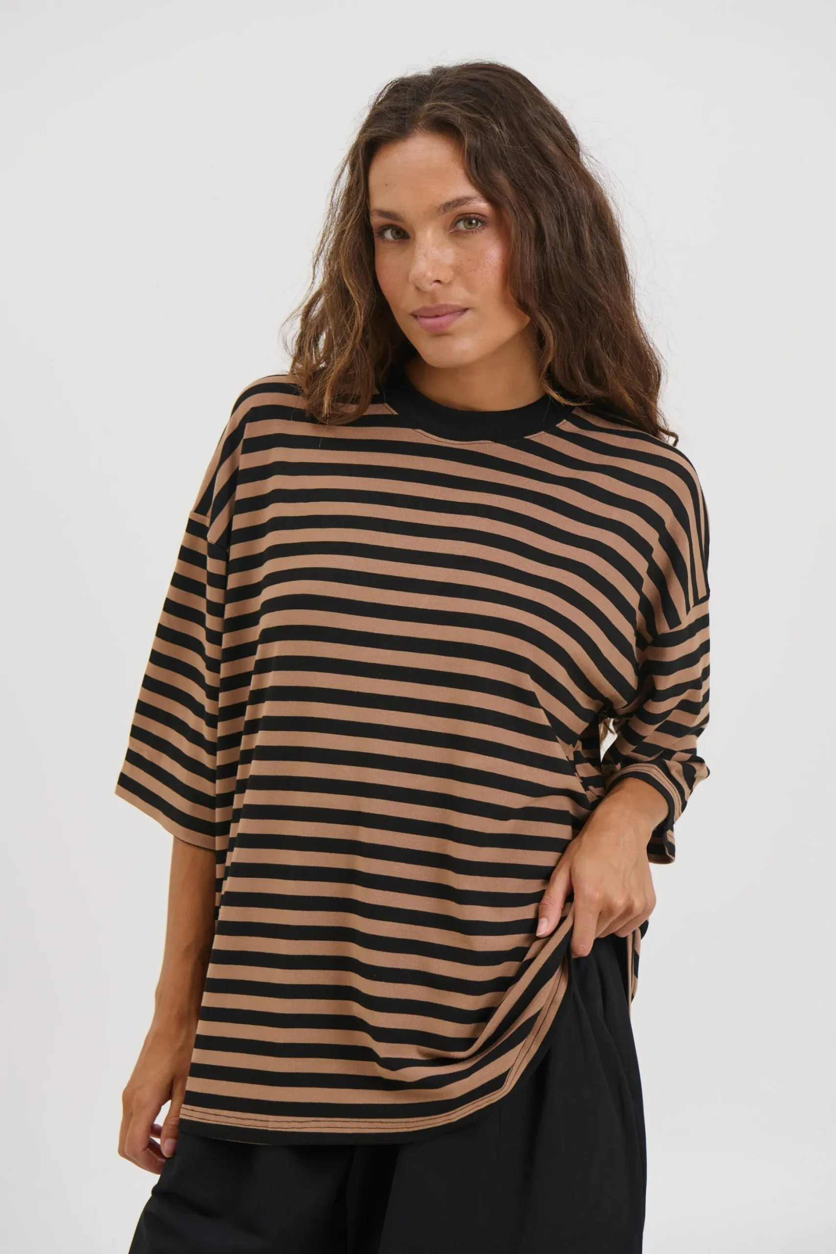 Unisex Lesley Stripe Crew Tee Mocha