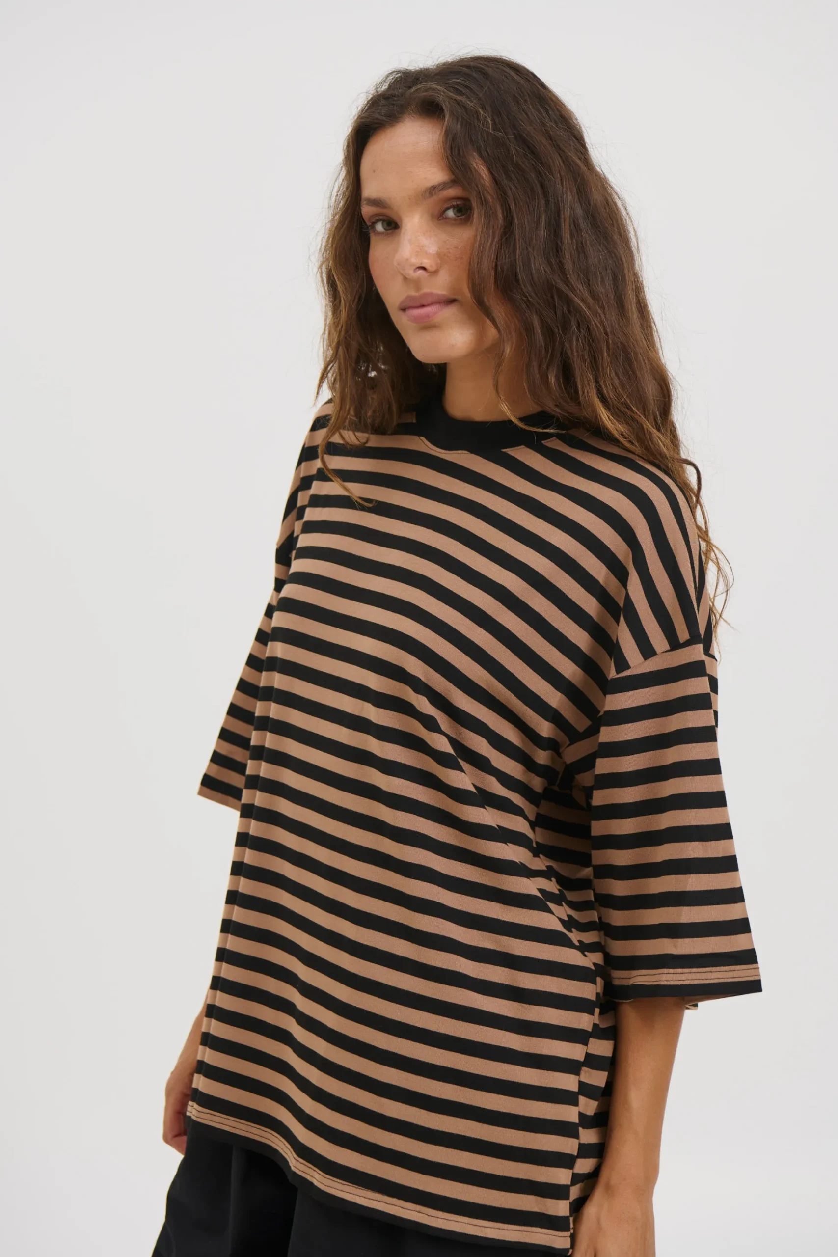 Unisex Lesley Stripe Crew Tee Mocha