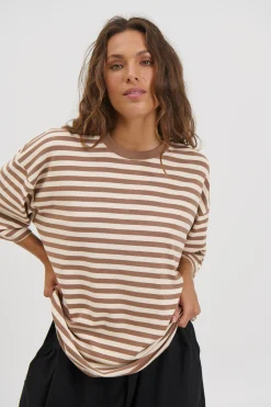 Unisex Lesley Stripe Crew Tee Milk Chocolate