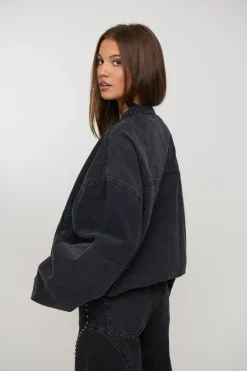 Unisex Panelled Denim Bomber Black